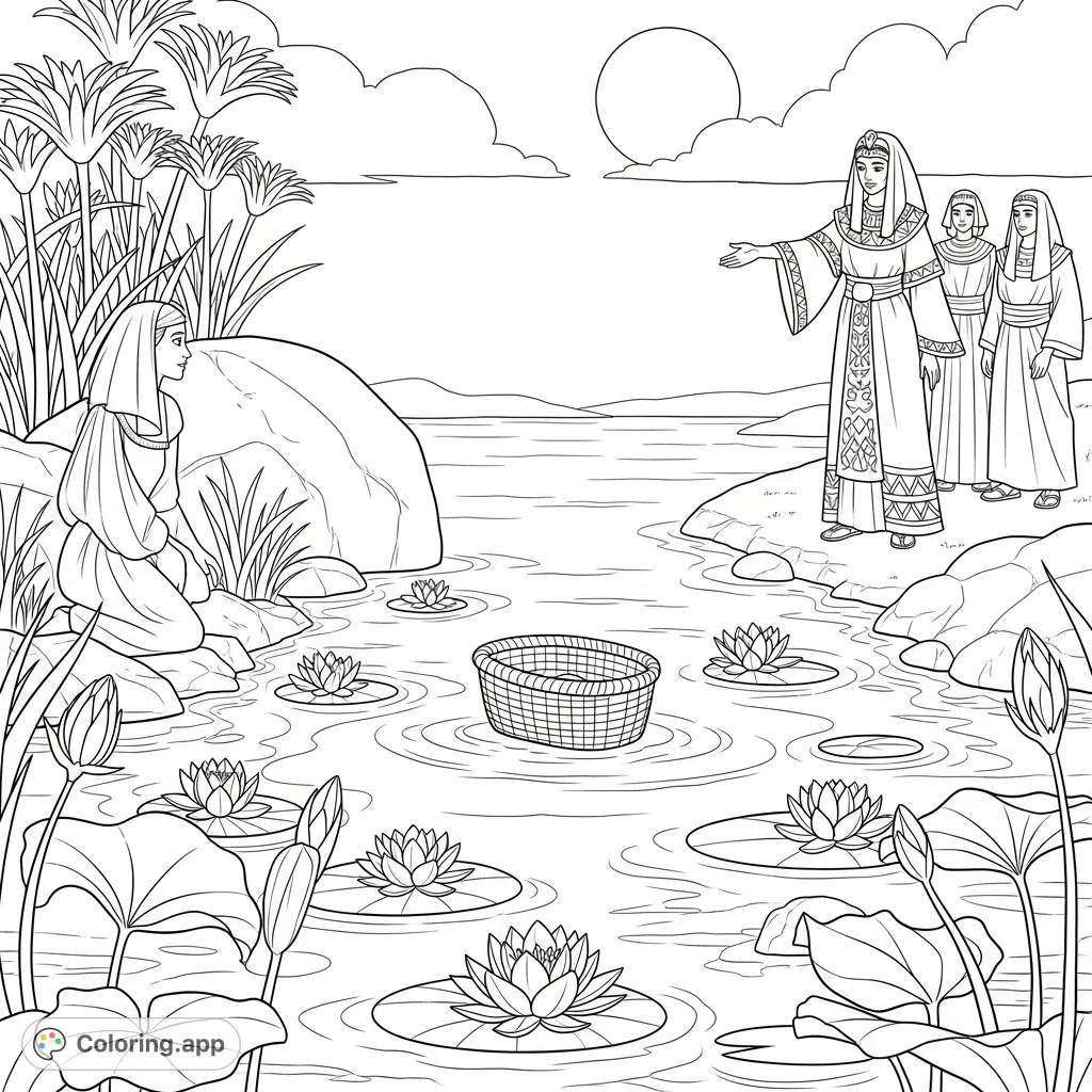 Experience a pivotal moment on the Nile: Moses's sister watches from papyrus while Pharaoh's daughter discovers the basket. A detailed biblical scene.