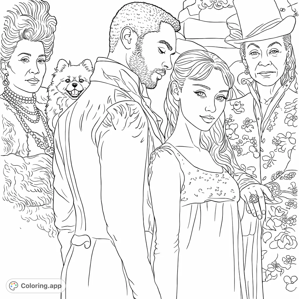 Step into a world of historical elegance with this intricate coloring page featuring a distinguished group in exquisite Regency-era fashion and elaborate settings.