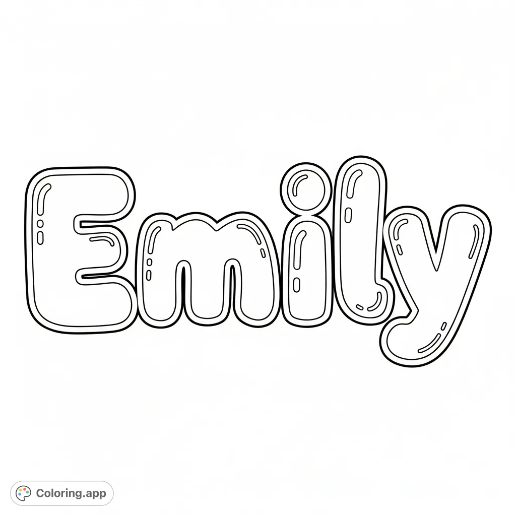 Personalize this fun 'Emily' coloring page, featuring the name in large, playful bubble letters. Perfect for creative expression and unique gifts!