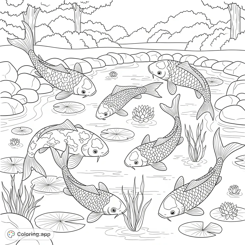 Discover a serene koi fish pond coloring page featuring graceful koi, lily pads, and natural park elements. A relaxing nature scene for all ages.