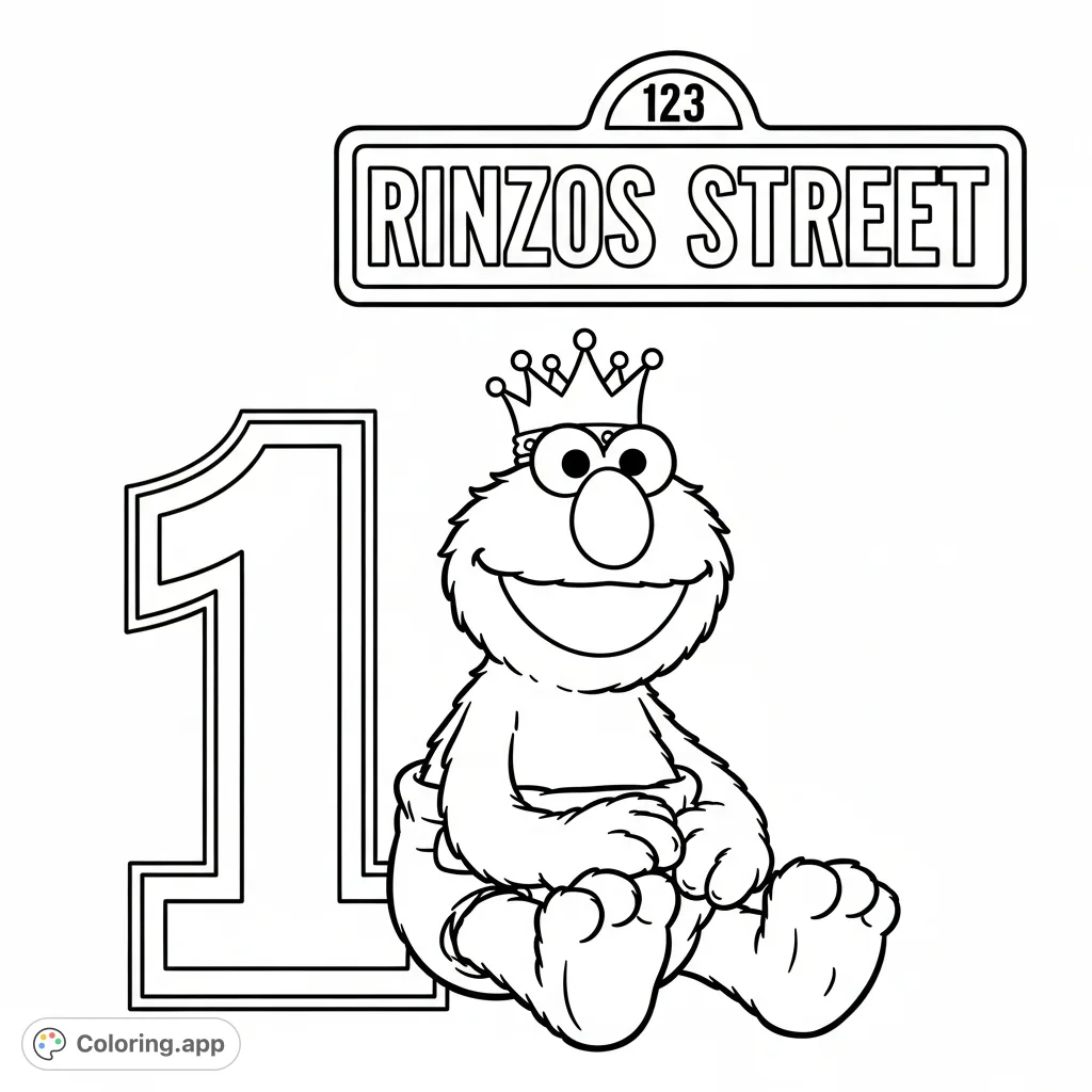 Elmo, adorned with a crown, sits beside a large numeral '1' and a detailed 'XIMAURI STREET 123' sign. A charming Elmo coloring page for young fans.