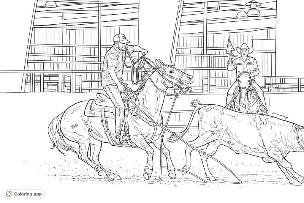 Experience the thrill of the arena! A cowboy on horseback expertly ropes a calf, with another rider observing. Perfect for rodeo enthusiasts and coloring pages for adults.