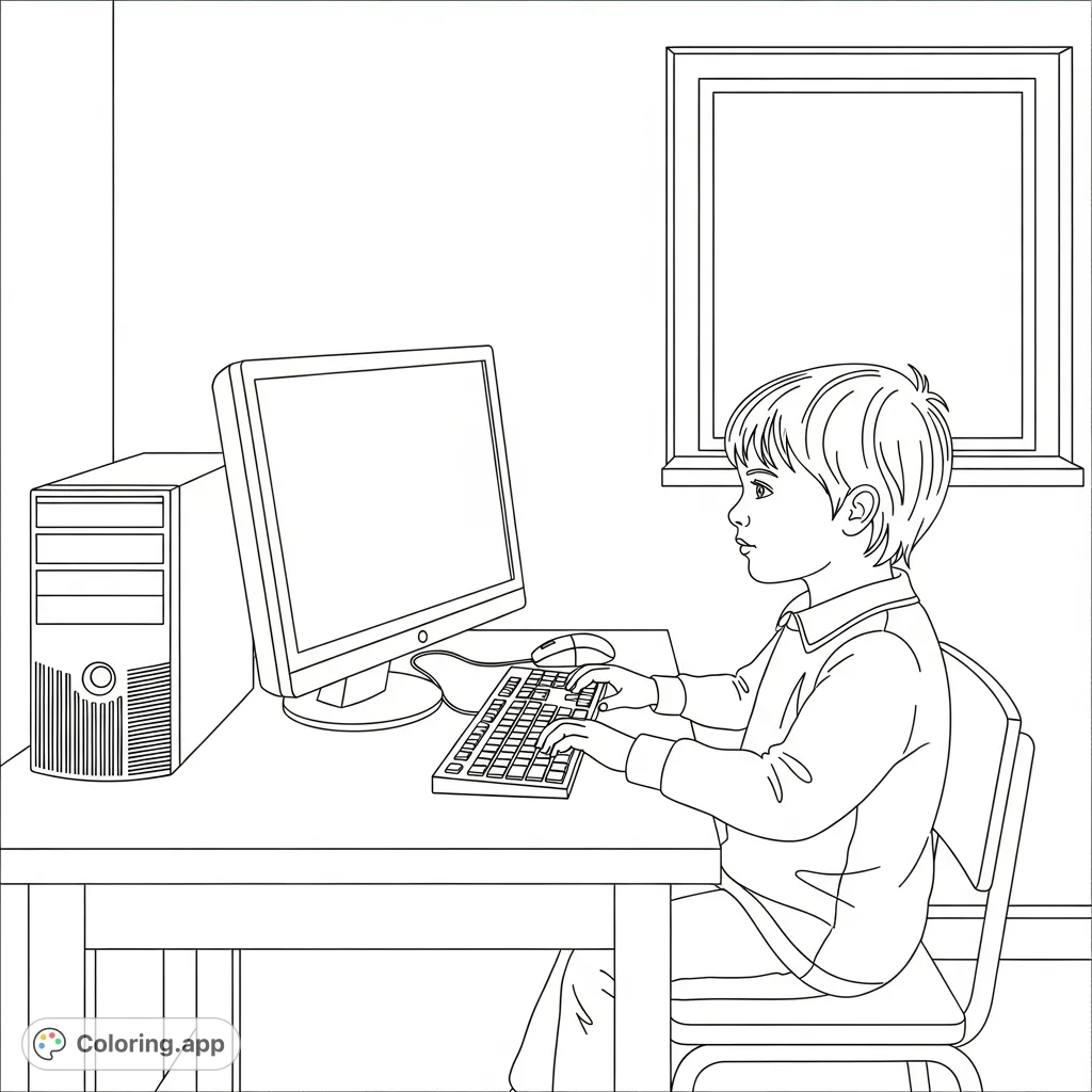 An educational computer basics coloring page featuring a child at a desk with a monitor, keyboard, mouse, and CPU, perfect for young learners.