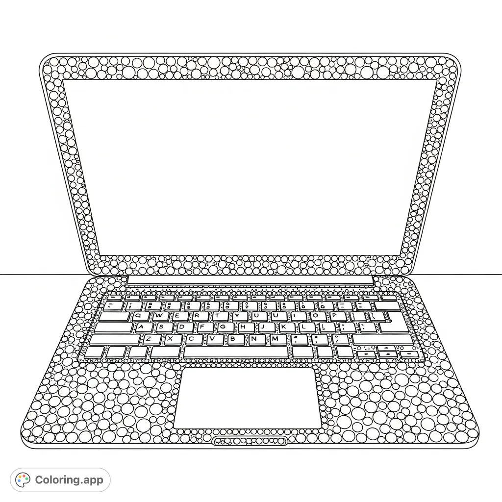 Unleash your creativity with a unique dot pattern laptop coloring page. Explore intricate circular designs forming a modern tech device. Perfect for all ages.