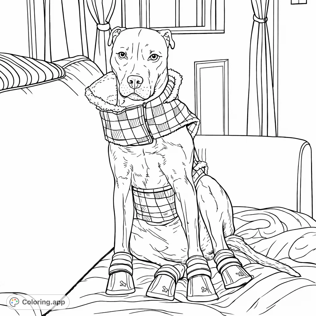 A charming dog in a plaid vest and paw booties sits on a cozy couch, ready for adventure or relaxation. A delightful animal coloring page for all ages.