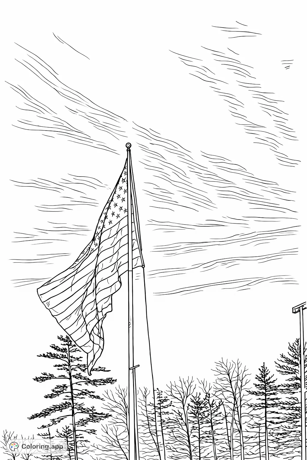 A majestic flag with stripes and stars unfurls against a patterned sky and tree line, offering a symbolic and engaging patriotic coloring experience.