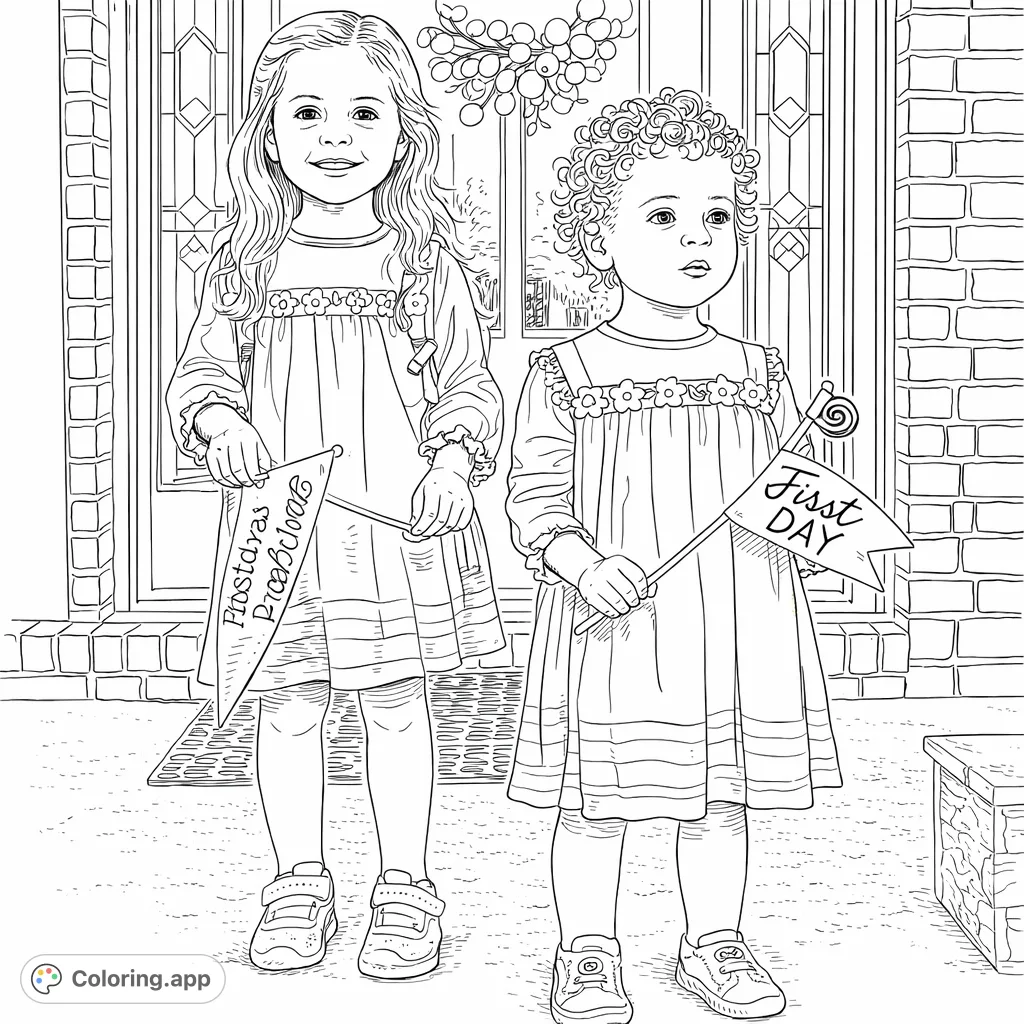 Capture the joy of two sisters on their first day of school with this delightful coloring page featuring flags and floral dresses.