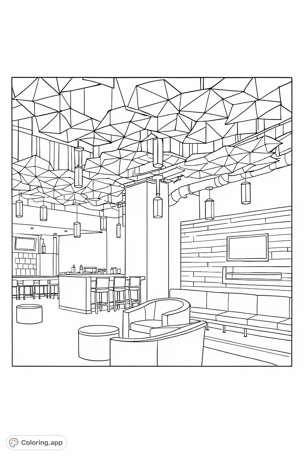 Explore a sophisticated lounge with intricate geometric ceiling panels, stylish furniture, and textured walls. A captivating challenge for adult colorists.