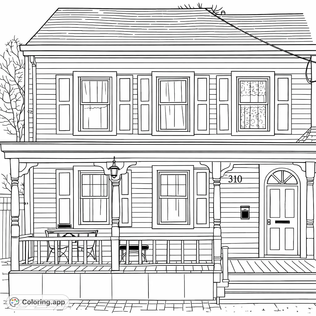 A detailed two-story house with a welcoming porch, decorative windows, and textured siding, offering an engaging architectural coloring experience.