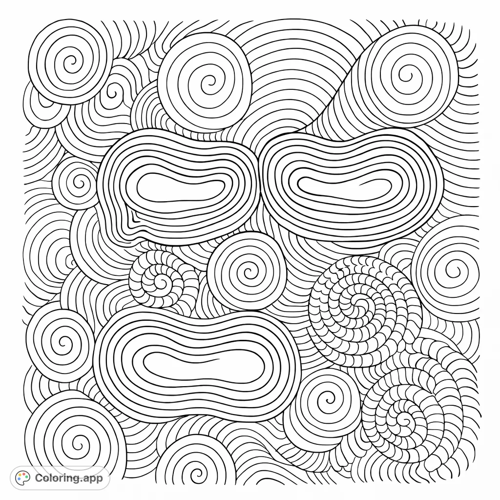 Dive into a mesmerizing abstract coloring page filled with intricate organic shapes and swirling patterns, offering a unique and meditative creative experience.
