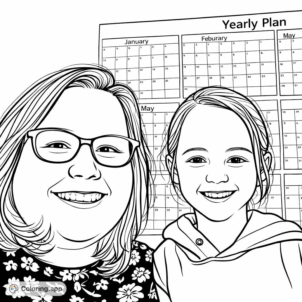 A heartwarming coloring page featuring a smiling adult and child, with a detailed yearly calendar in the background. Perfect for family and friendship themes.