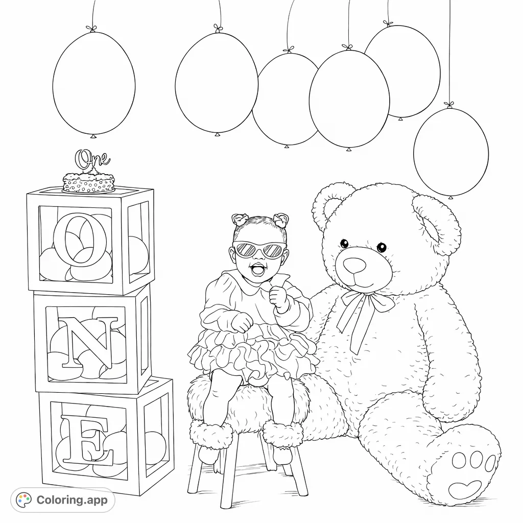 Celebrate a baby's first birthday with this adorable coloring page featuring a baby, a giant teddy bear, balloons, and a special cake. Perfect for joyous moments!