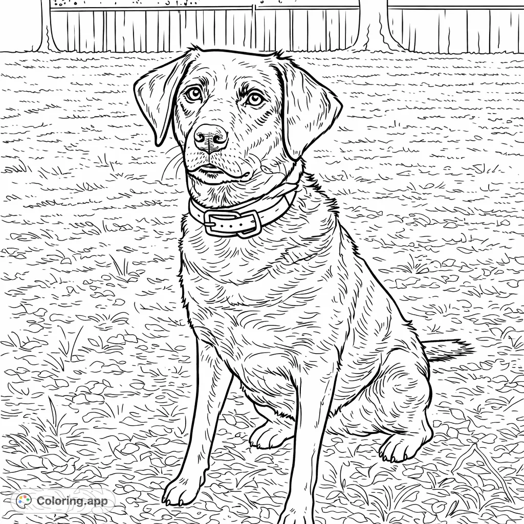 Color an attentive Labrador dog sitting patiently in a grassy backyard, complete with a detailed collar, scattered leaves, and a wooden fence background.
