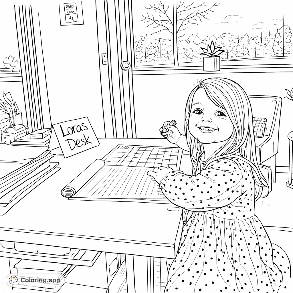 A delightful girl smiles at her desk, surrounded by learning materials and a window view, offering a charming learning coloring page experience.