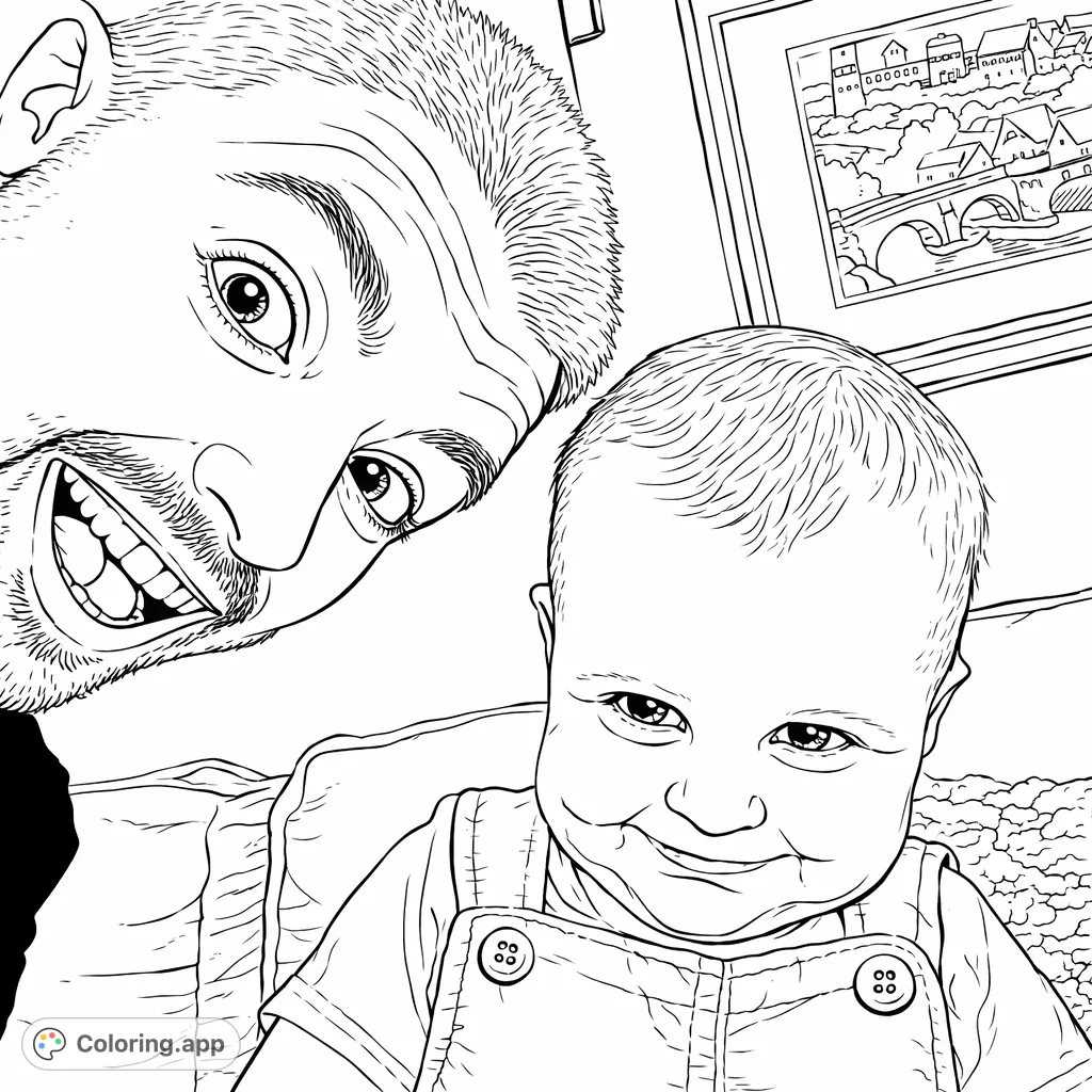 Capture a heartwarming moment of a playful adult and a smiling baby in this delightful selfie coloring page. Perfect for celebrating family bonds and happy expressions.