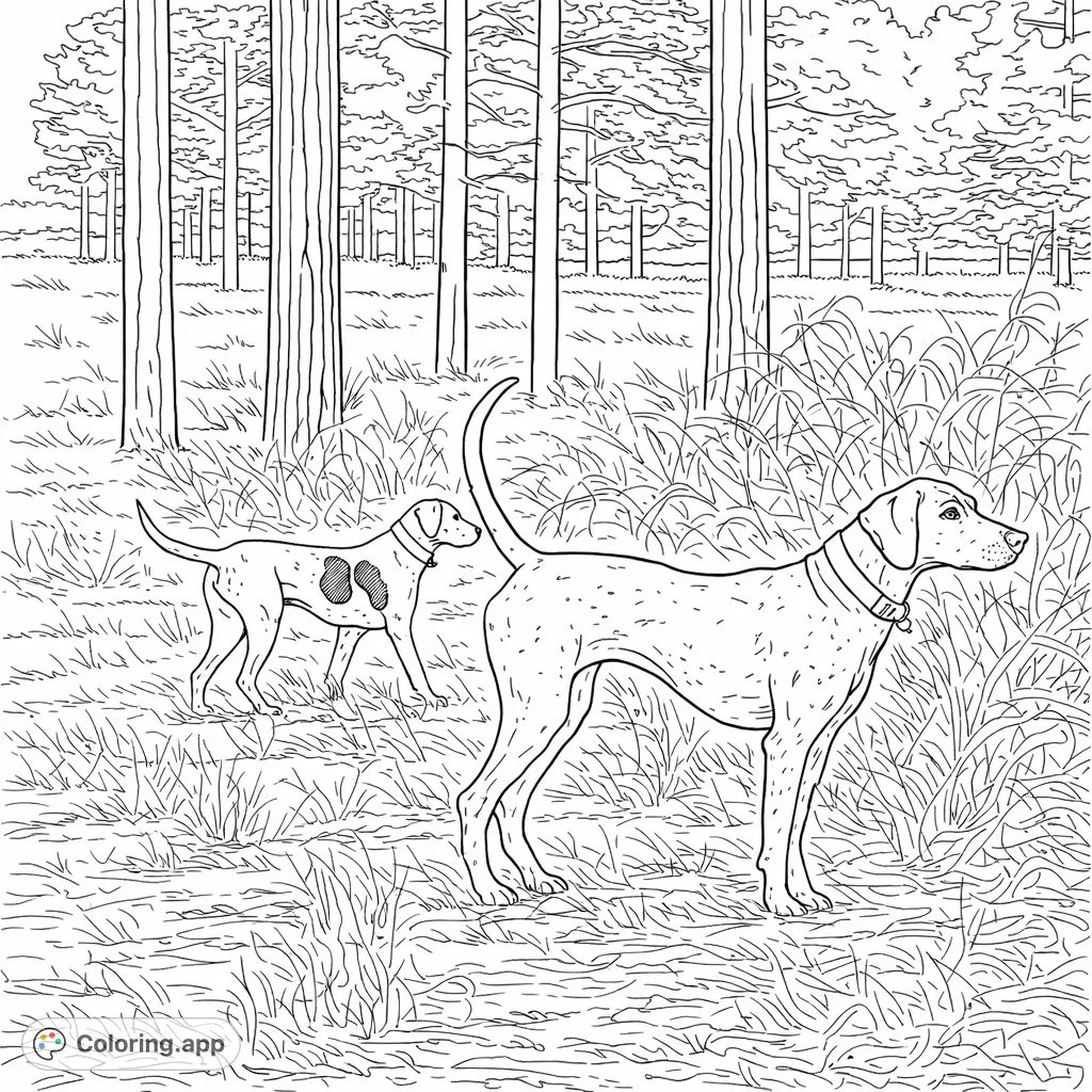 Explore a peaceful outdoor scene with two alert dogs amidst tall grasses and trees. A captivating nature and animal coloring page for all ages.