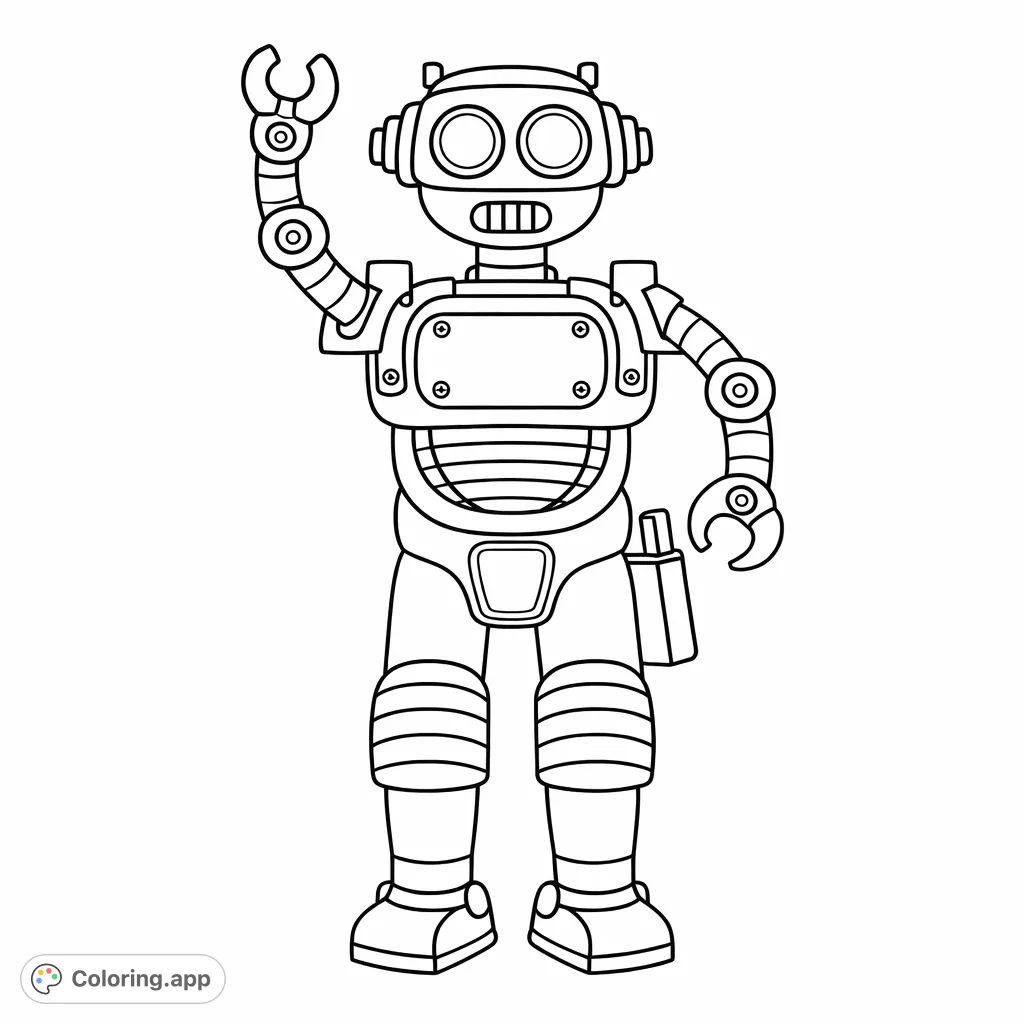 An engaging robot with a friendly wave and detailed mechanical parts invites you to bring it to life with your favorite colors. Perfect for aspiring engineers!