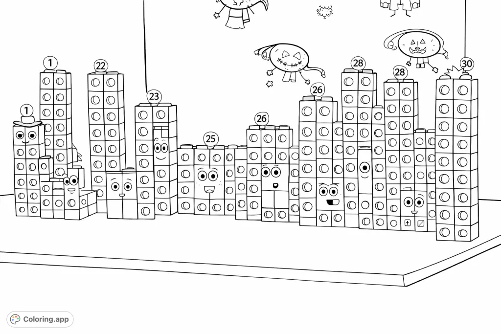 Explore this fun connecting cube coloring page featuring unique character stacks and numerical details. Perfect for learning and creative expression.