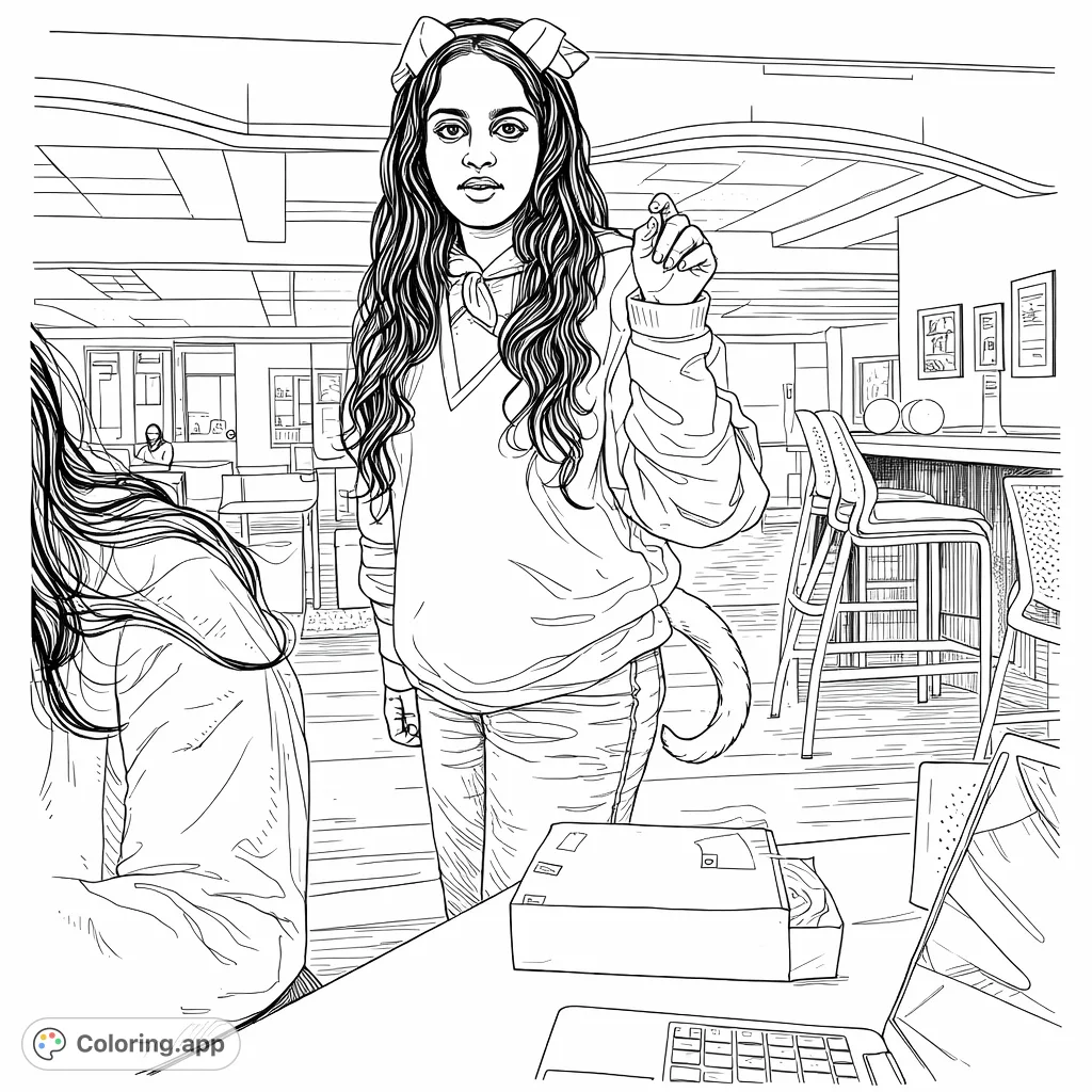 Step into the fun with this playful costume character coloring page. Featuring a person with animal ears, a bow tie, and a curled tail in a vibrant indoor setting.