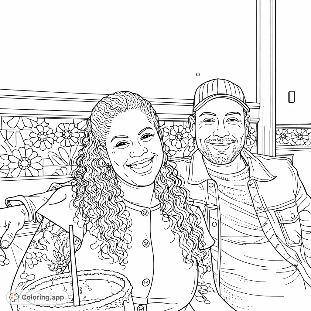 A heartwarming coloring page featuring a smiling couple. Intricate details like tattoos, patterned attire, and geometric background offer a delightful coloring experience.