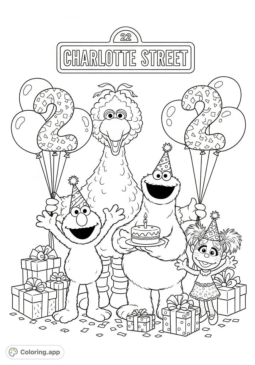 Join Elmo, Big Bird, Cookie Monster, and Abby celebrating a special birthday with hats, '2' balloons, gifts, and confetti on Charlotte Street.