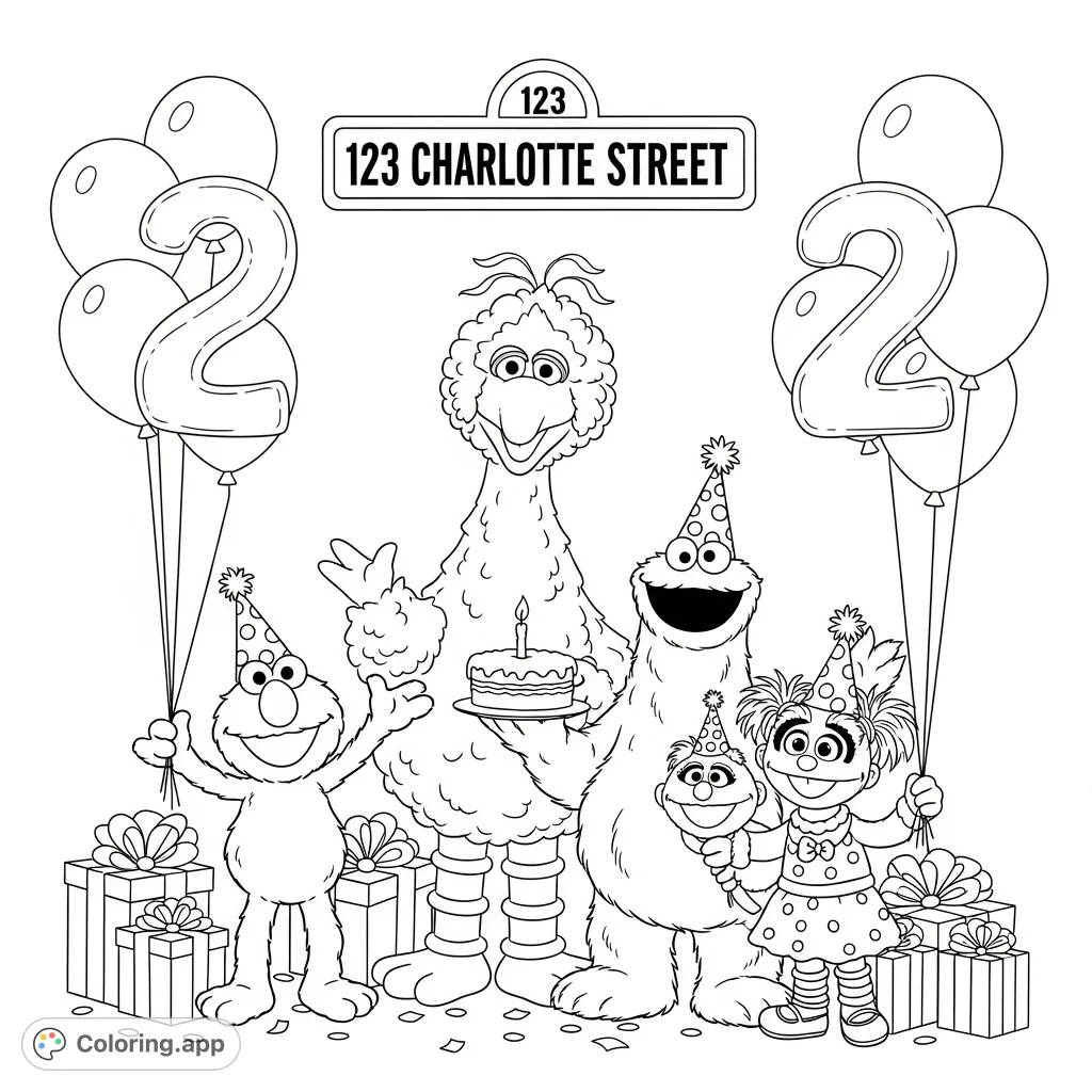 Join Elmo, Big Bird, Cookie Monster, and Abby for a joyous Sesame Street birthday party! They pose with a cake, balloons, and gifts, ready for fun.