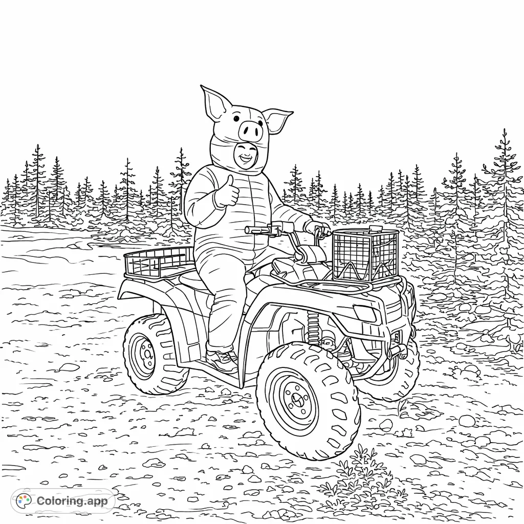Embark on a quirky off-road adventure! A person in a playful pig costume steers an ATV through a rugged landscape, surrounded by tall conifer trees under a dynamic sky.