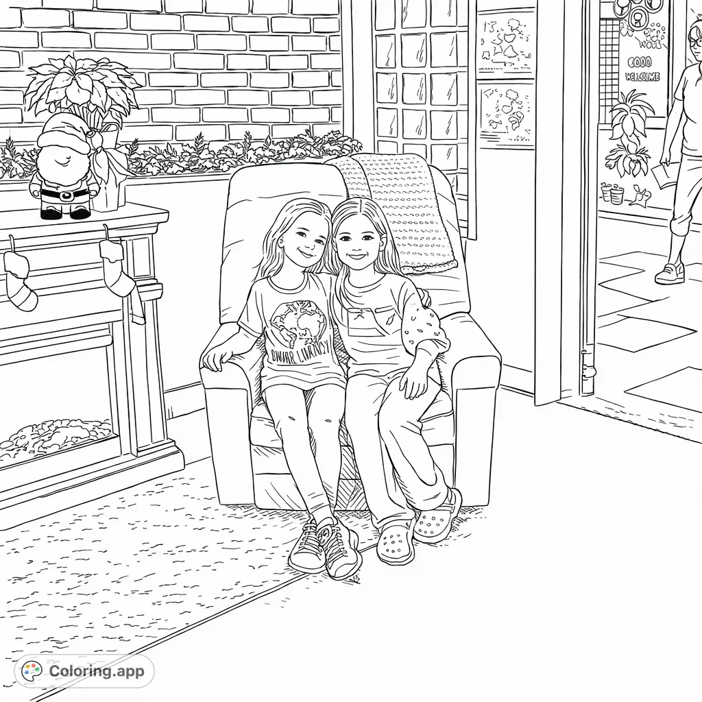 Two smiling girls share a comfy armchair by a festive fireplace, ready for a heartwarming coloring adventure. Features seasonal decor and friendly faces.