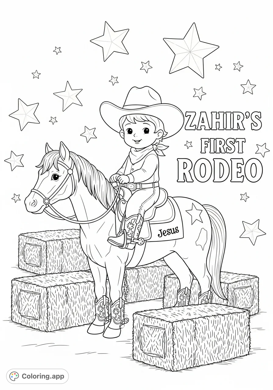 A delightful baby cowboy on a gentle horse, surrounded by hay bales and stars, with the celebratory text "ZAHIR'S FIRST RODEO". Perfect for a western-themed coloring page!