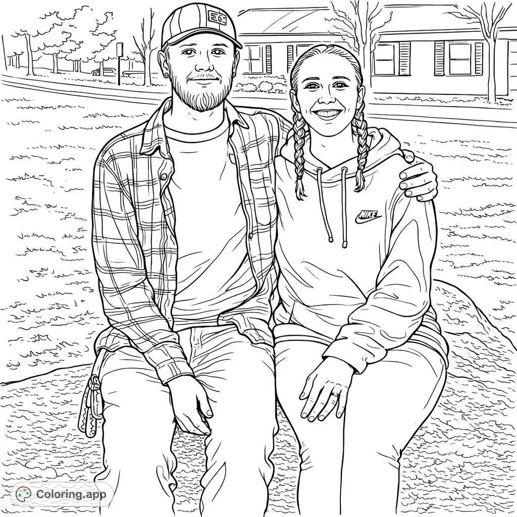 A heartwarming friendship coloring page featuring a smiling man and woman seated outdoors on a large stone, perfect for a free printable coloring page for kids and adults.