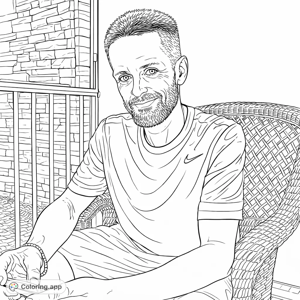 A friendly man with a beard, seated comfortably in a wicker chair, invites creativity. Features detailed textures of his clothing, hair, and the surrounding walls.