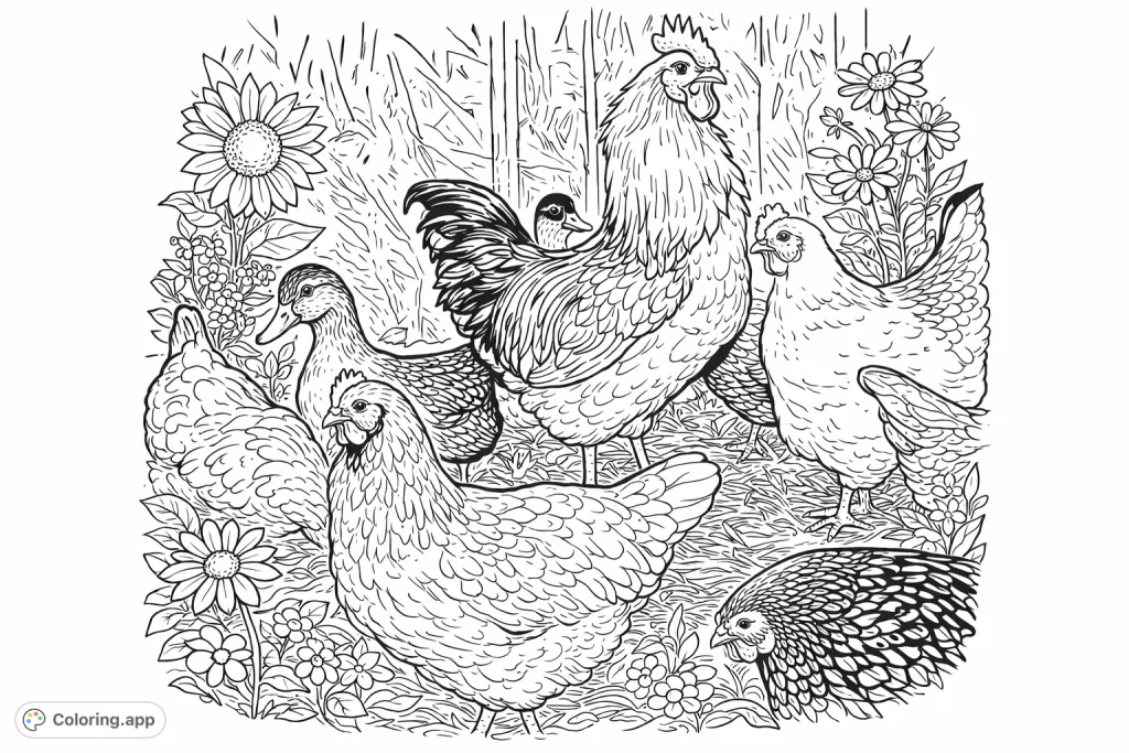 A vibrant farm fowl gathering coloring page, featuring a majestic rooster, several hens, a duck, and leafy plants in a cozy coop setting.
