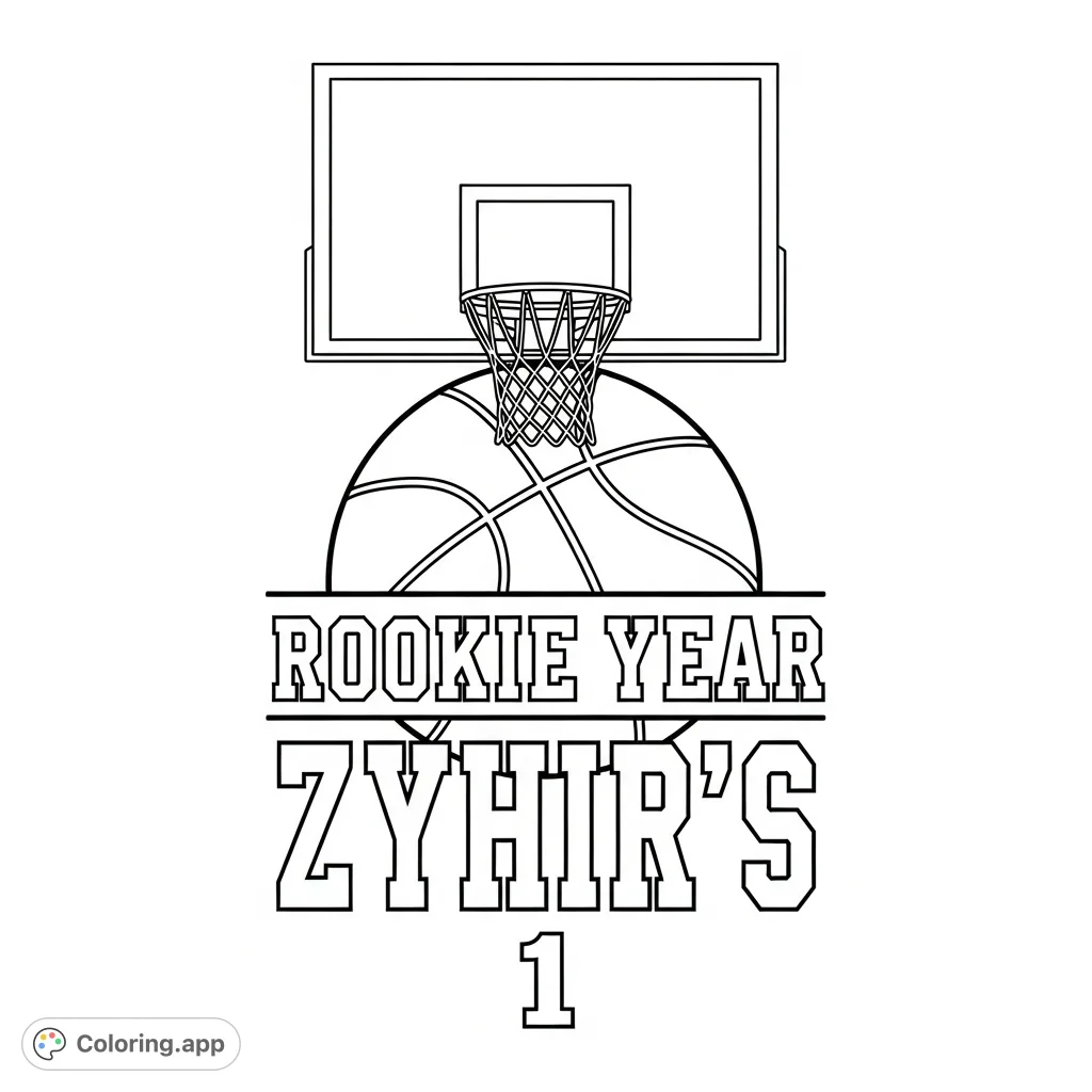 Celebrate a special 'Rookie Year' with this personalized basketball-themed coloring page featuring a hoop, net, basketball, and custom text.