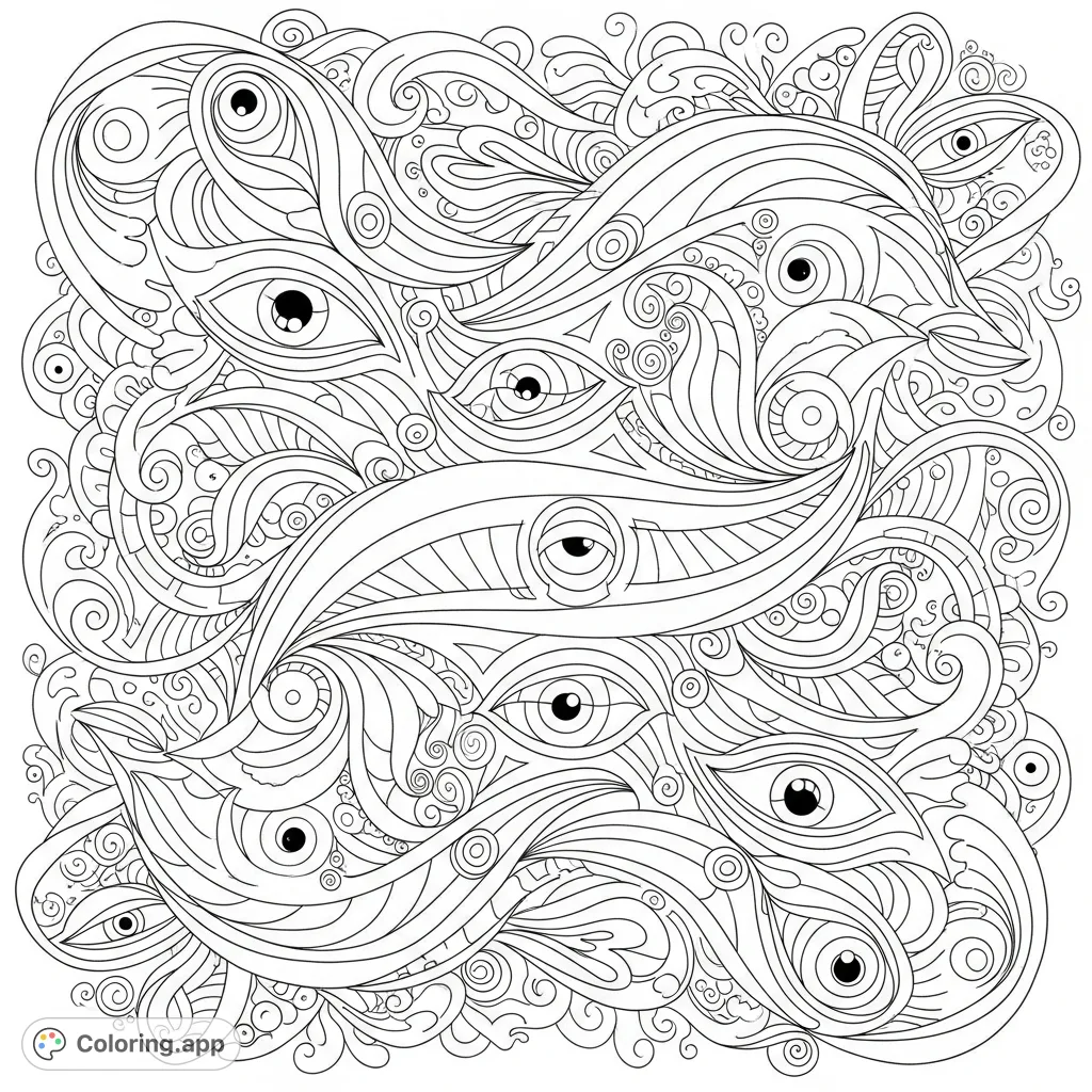 Dive into a mesmerizing psychedelic art coloring page. Features swirling patterns, abstract forms, and cosmic elements for a truly trippy experience.