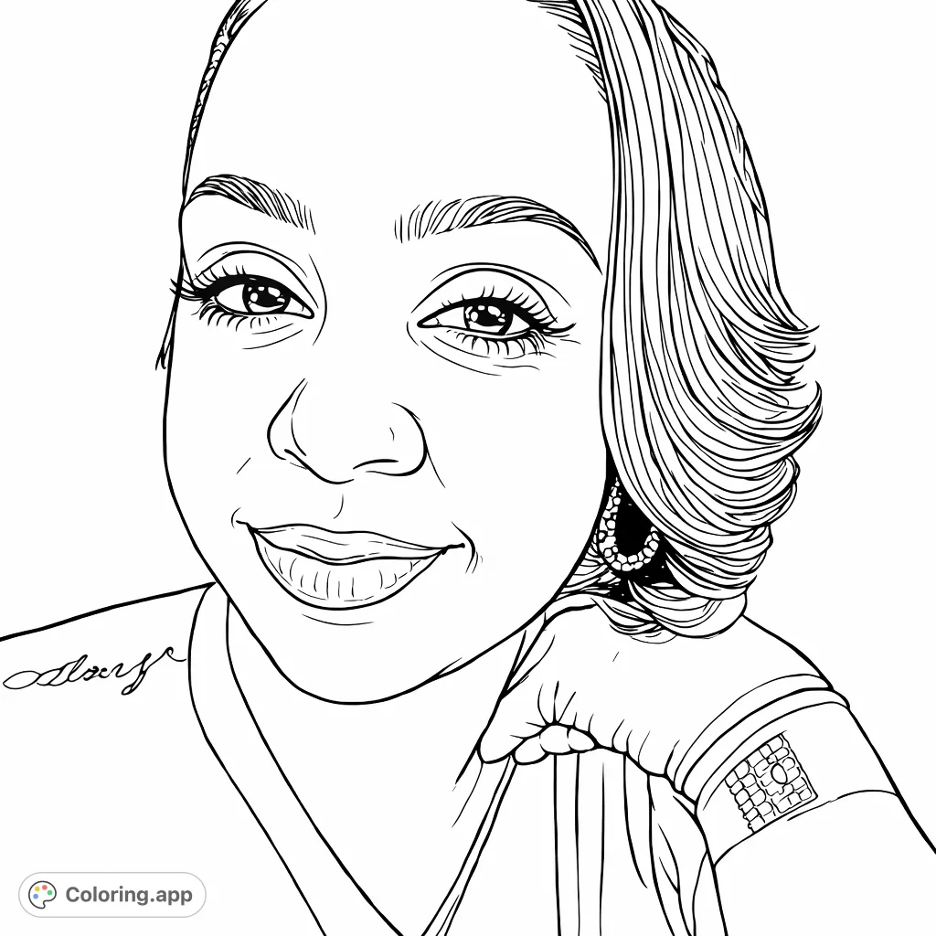 Capture the elegance of a woman's serene portrait, featuring intricate details from her expressive eyes to her textured clothing. A beautiful and engaging adult coloring page.