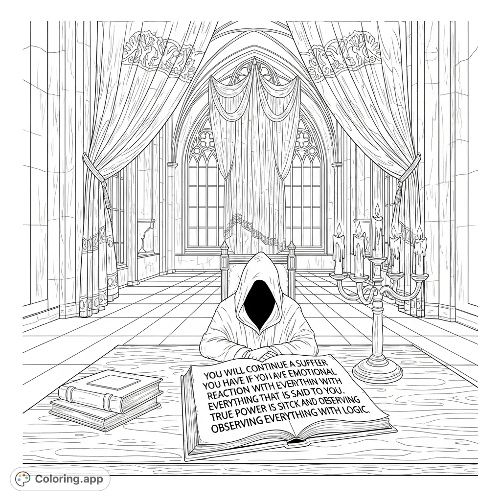 Explore a solemn chamber where a cloaked figure studies a philosophical text, featuring intricate patterns, a detailed desk, and a multi-branched candelabra.