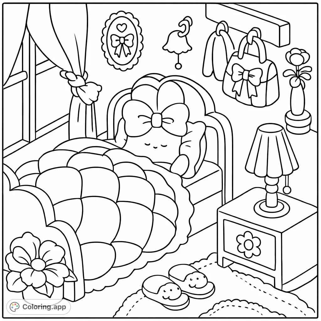 A charming coloring page featuring a cute rabbit character fast asleep in a cozy bedroom filled with delightful details, perfect for relaxation.