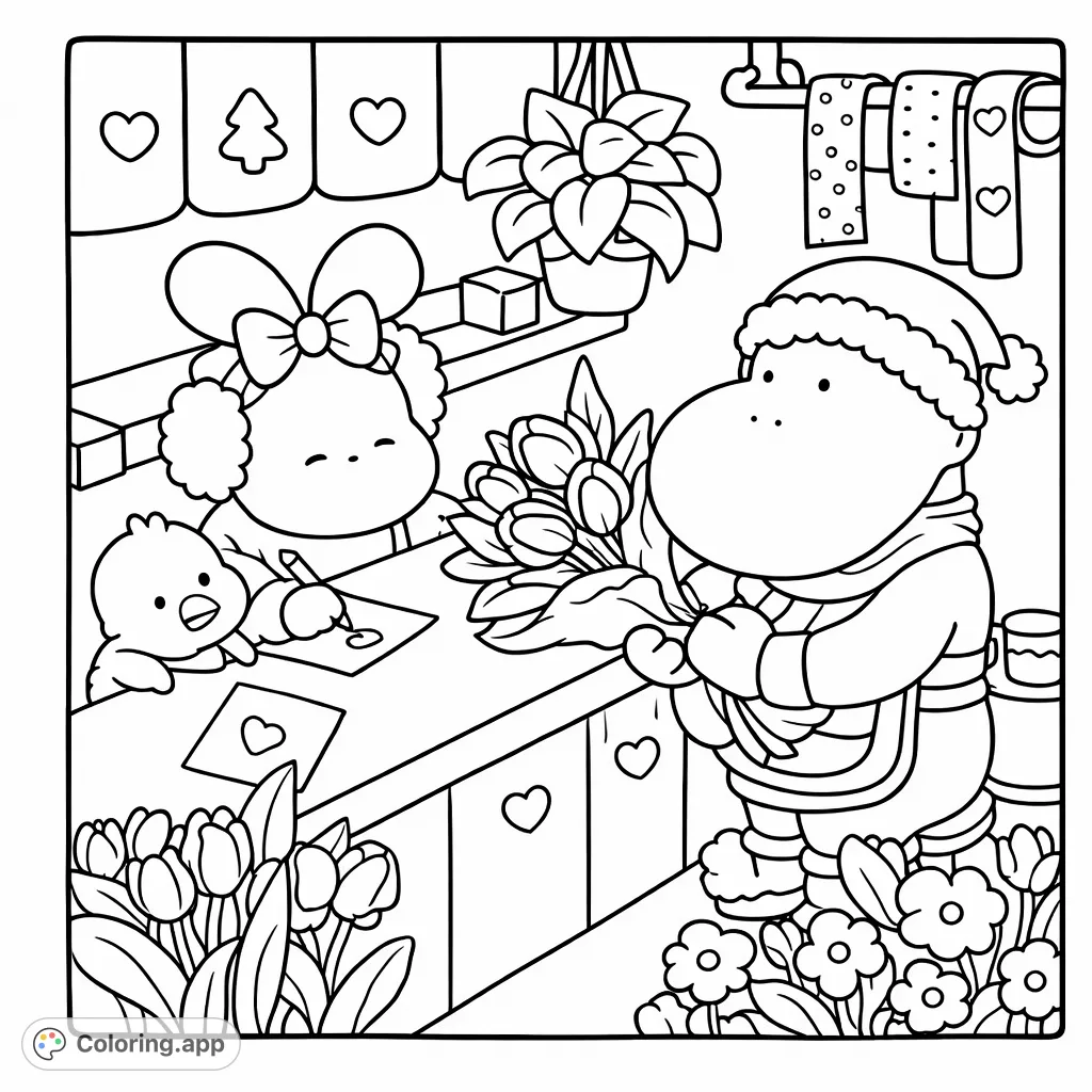 An adorable scene featuring two charming characters exchanging gifts, surrounded by delightful flowers and whimsical decorations. Perfect for a heartwarming coloring experience.