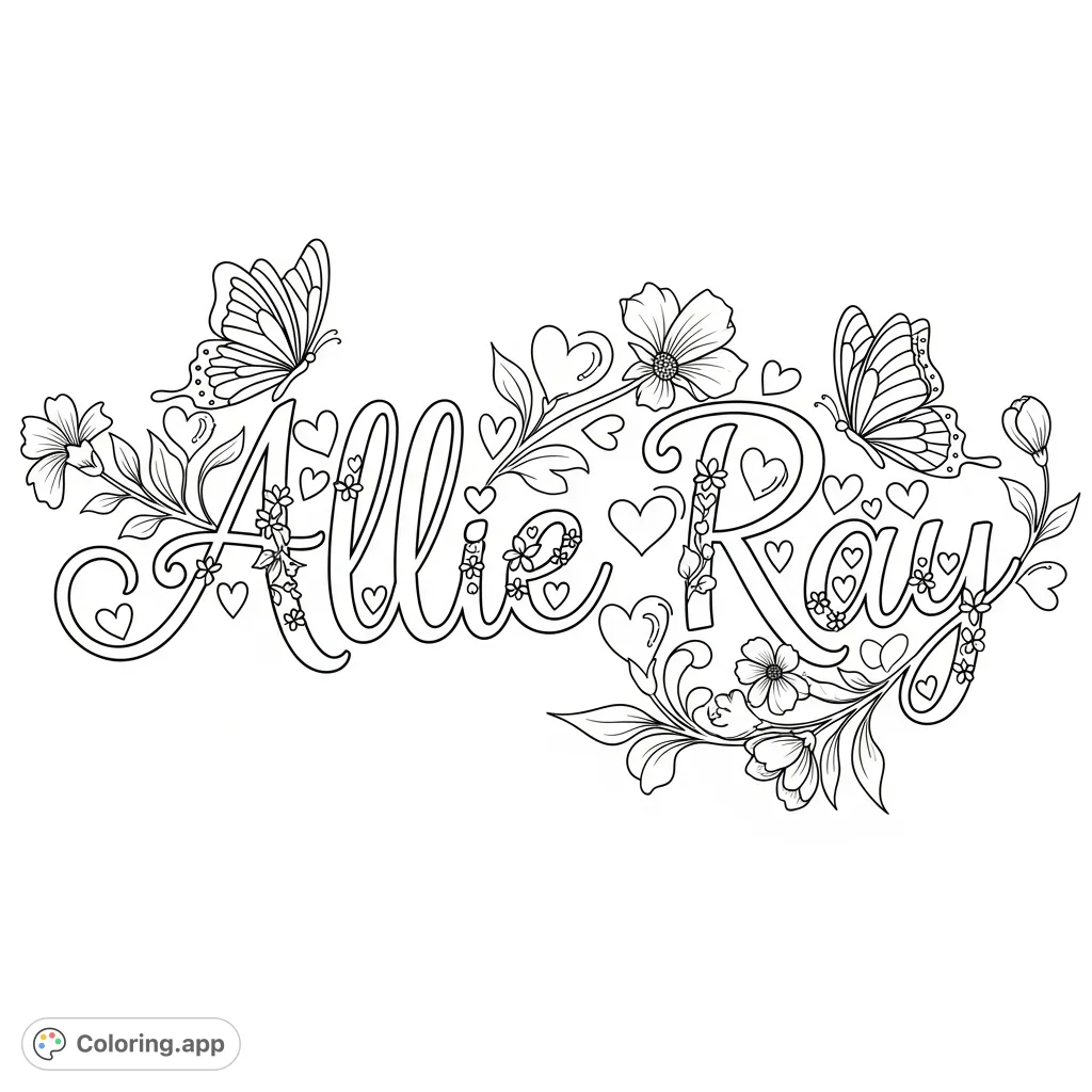 An exquisite Allie Ray coloring page featuring elegant script intertwined with charming hearts, delicate flowers, and graceful butterflies. Perfect for personalized creative expression.