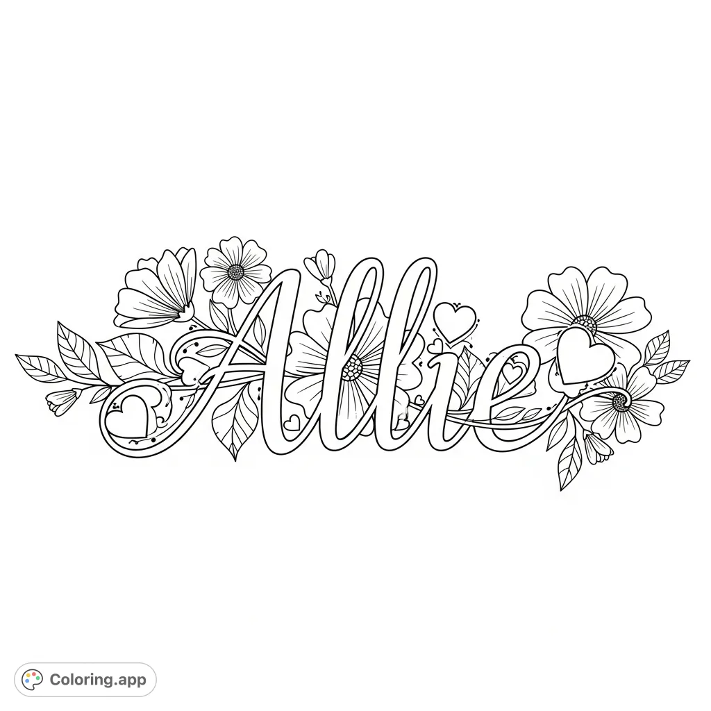 A beautiful personalized Allie coloring page featuring elegant cursive lettering adorned with delicate hearts and blooming flowers, perfect for custom gifts or decor.