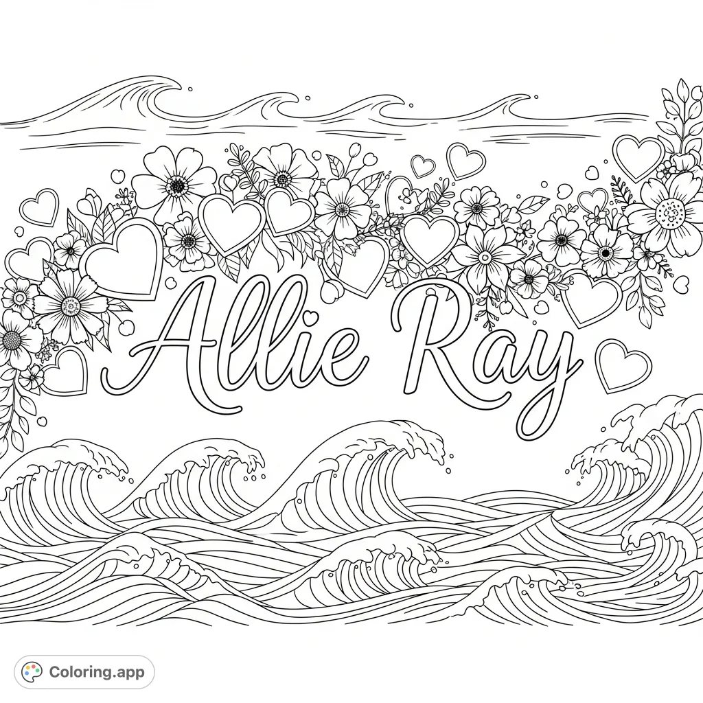 An elegant "Allie Ray" in cursive, surrounded by graceful hearts, intricate flowers, and flowing ocean waves. A personalized, beautiful coloring experience.