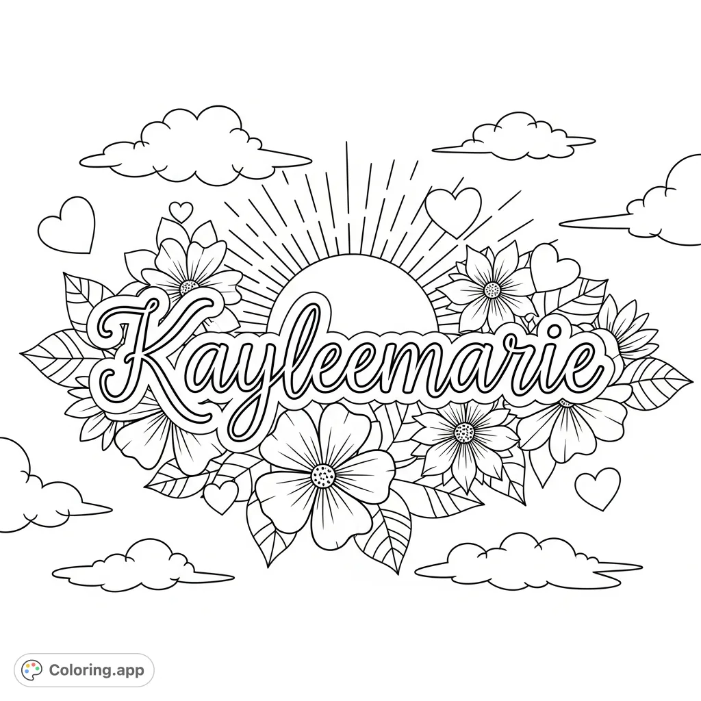 "Kayleemarie" elegantly written in cursive, surrounded by cheerful sunshine, blooming flowers, sweet hearts, and soft clouds for a personalized, delightful coloring page.