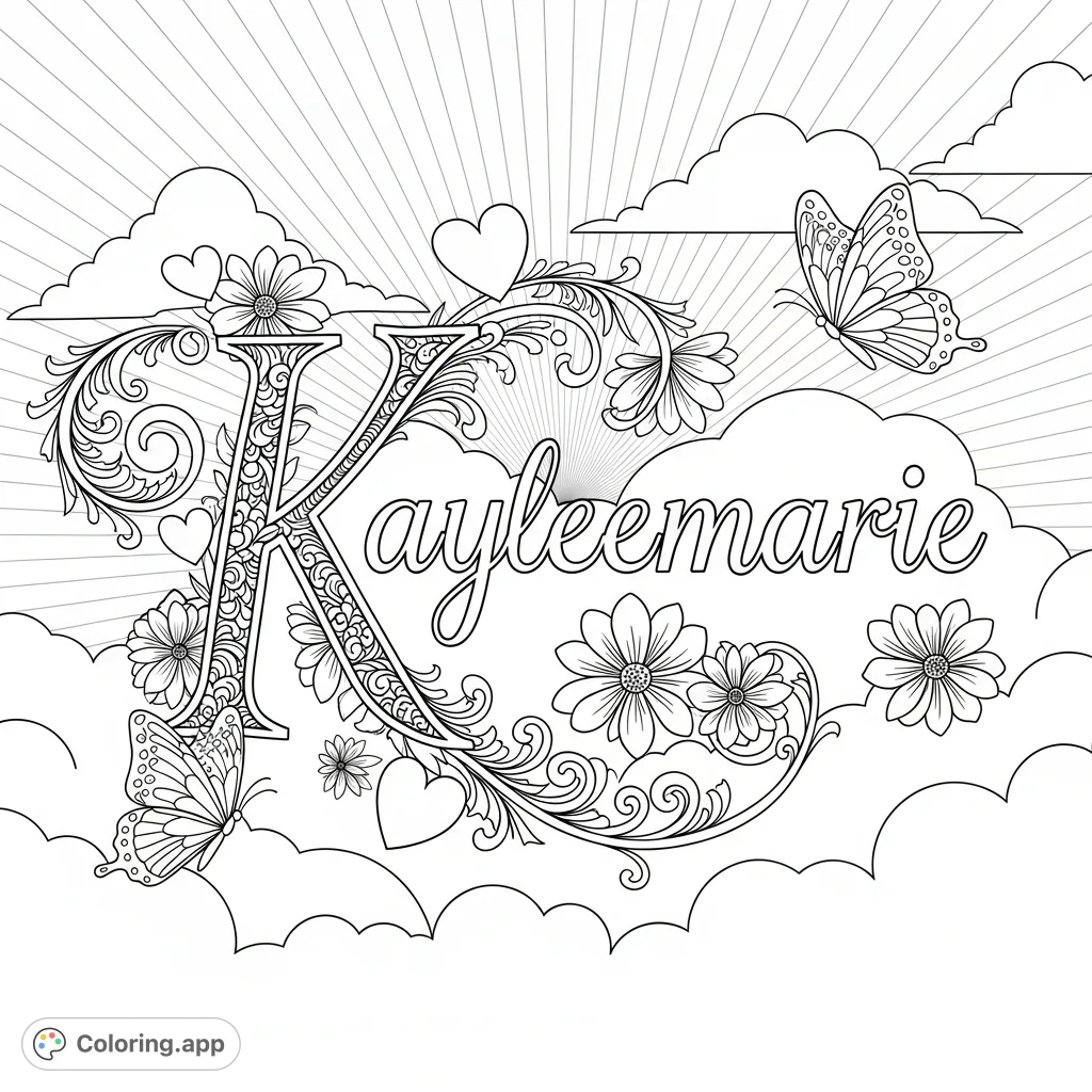 An elegant "Kayleemarie" in cursive, surrounded by intricate hearts, flowers, butterflies, and clouds, perfect for personalized artistic expression.