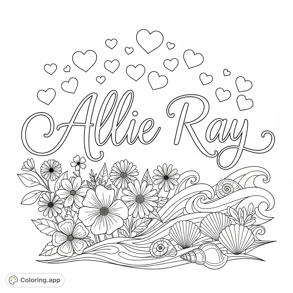Color a personalized Allie Ray name design adorned with graceful cursive, delicate hearts, blooming flowers, intricate seashells, and serene ocean waves.