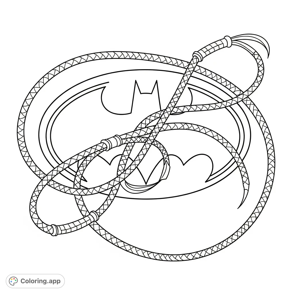 An iconic Batman symbol gracefully intertwined with Catwoman's whip, forming an elegant infinity symbol. A dynamic superhero coloring page for fans to personalize!
