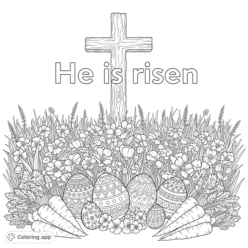 Celebrate Easter with this beautiful coloring page featuring the phrase "He is risen," a cross, detailed Easter eggs, carrots, and spring flowers.