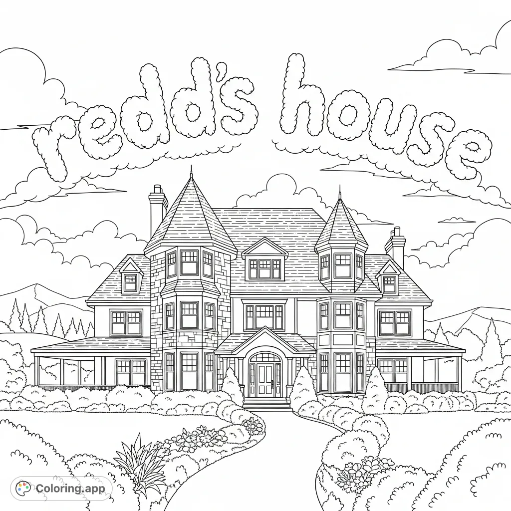Color a charming giant house with "redds house" floating above in cloud-like script. Explore detailed architecture, lush landscaping, and an inviting setting.