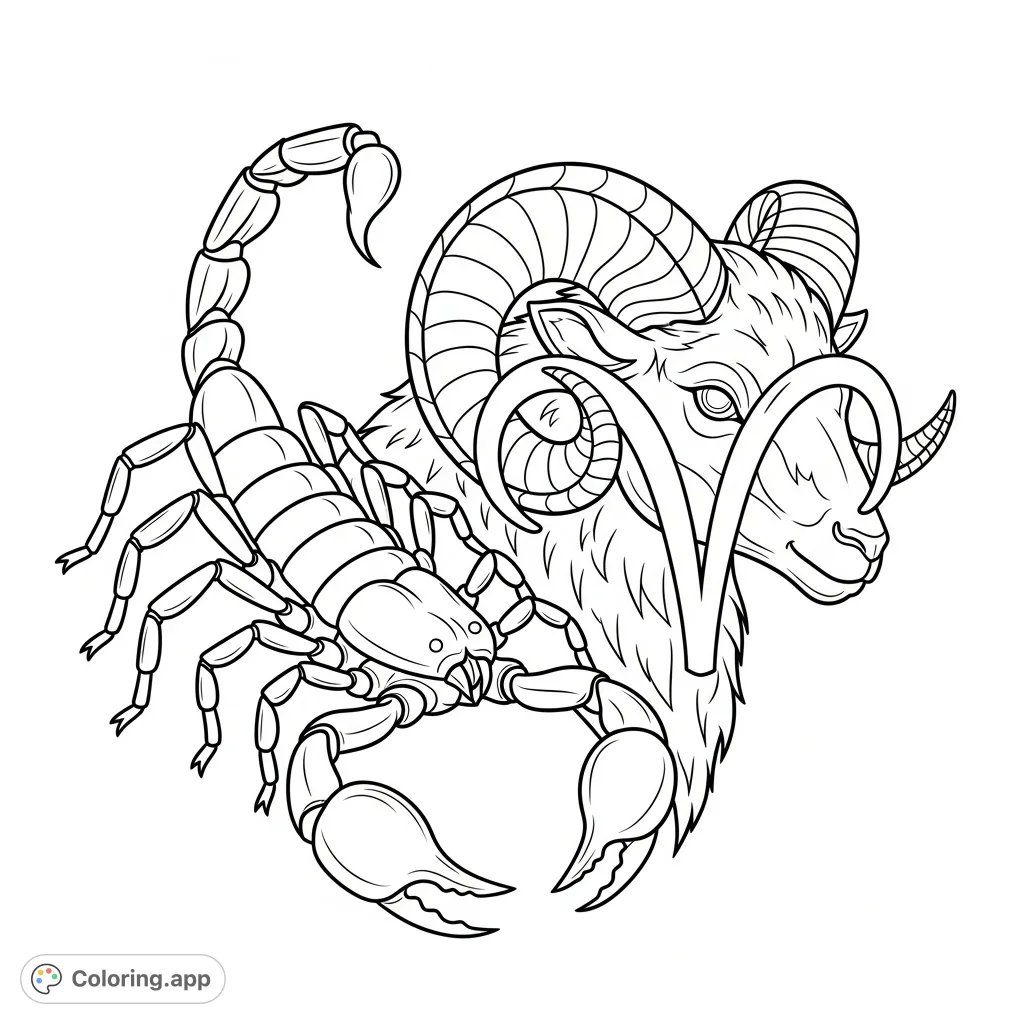 An intricate zodiac coloring page featuring the powerful Scorpio scorpion intertwined with the majestic Aries ram, celebrating astrological harmony and elemental synergy.