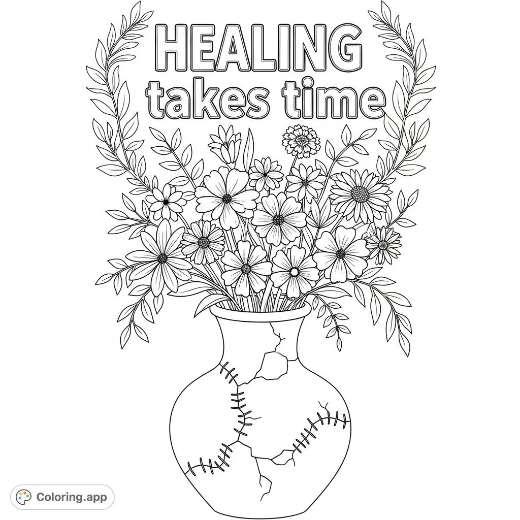 An inspiring adult coloring page featuring a cracked vase mended with sprouting flowers, symbolizing healing and resilience. Includes the quote "Healing takes time."