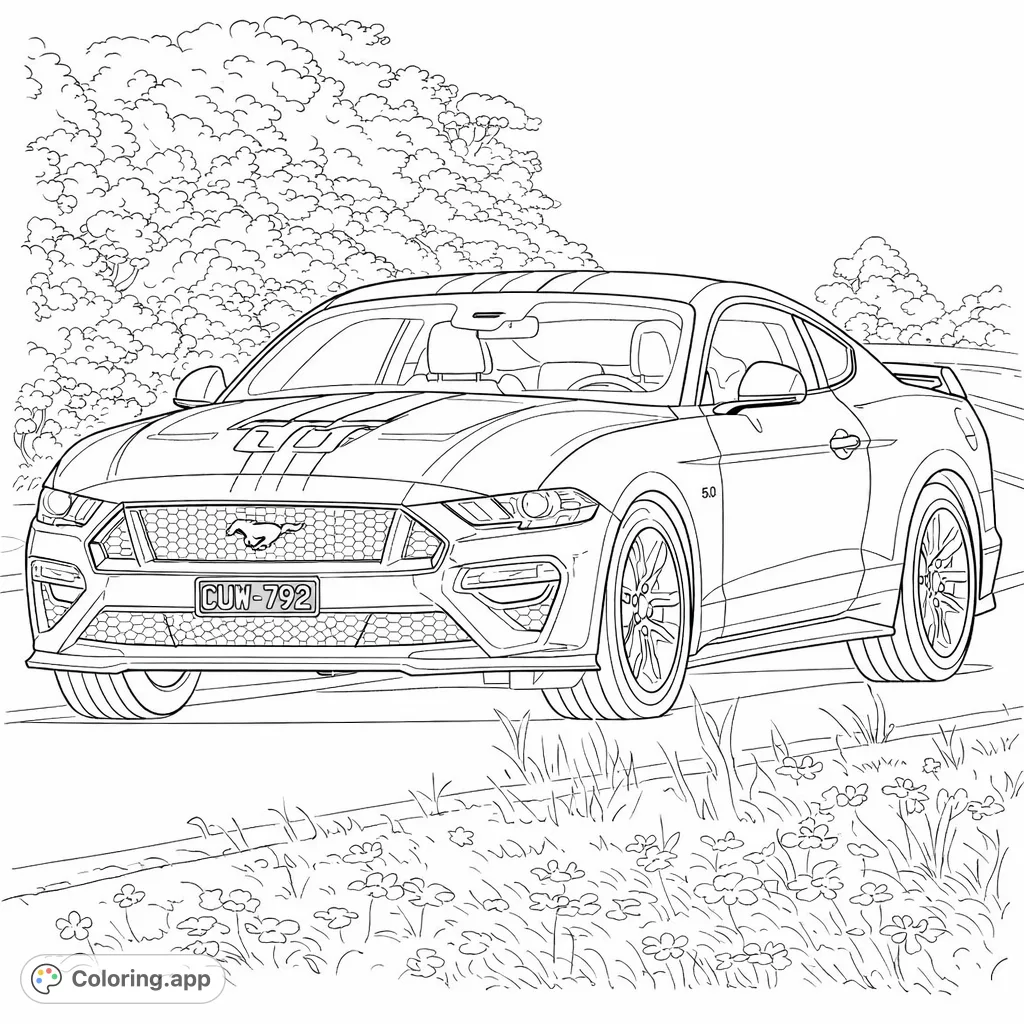 Color a powerful modern sports car, featuring dynamic racing stripes, cruising on an open road amidst natural surroundings. Perfect for car enthusiasts.
